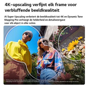 Een LG QNED evo AI QNED86 Mini LED met AI Picture Pro en Dynamic Tone Mapping Pro toont een lifestyle-scène in een openluchtomgeving vanuit een lage hoek, met twee personen tussen levendige bloemen. AI herkent elk beeld en schaalt het op naar 4K voor een duidelijkere textuur en meer details.
